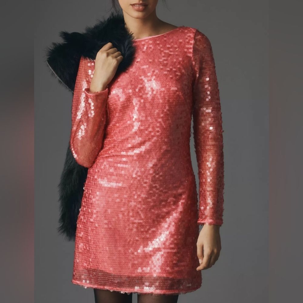 By Anthropologie Pink Sequin Drape Open Back Long Sleeve Mini Party Dress 14